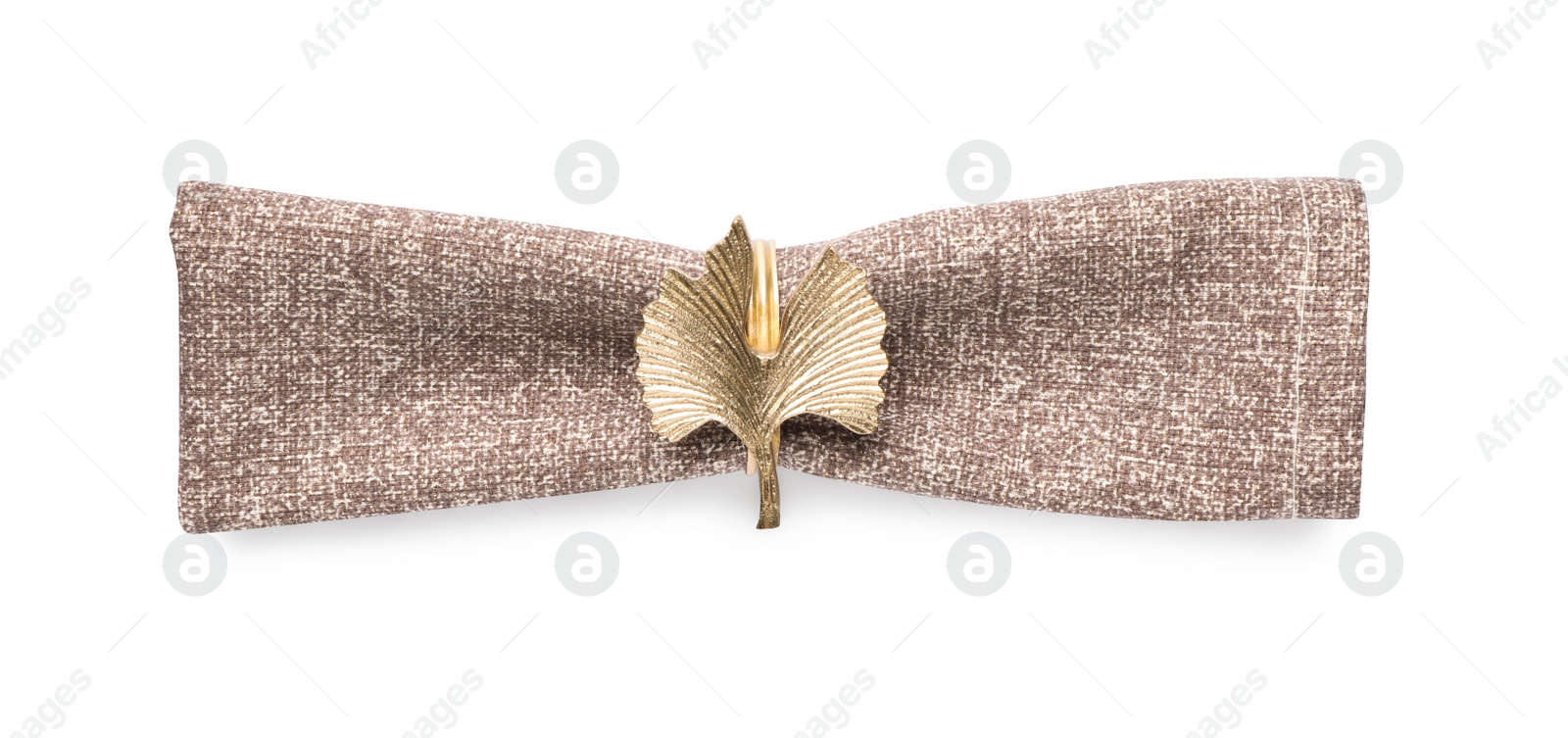 Photo of Fabric napkin with decorative ring for table setting on white background, top view