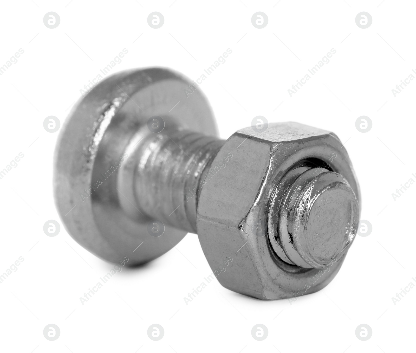 Photo of Metal bolt with hex nut isolated on white