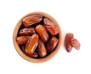 Photo of Sweet dried dates in bowl on white background, top view