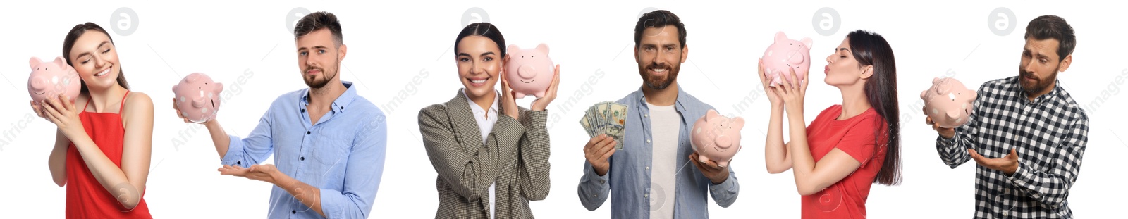 Image of Collage with photos of people holding ceramic piggy banks on white background. Banner design