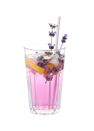 Photo of Fresh delicious lemonade with lavender and straw isolated on white