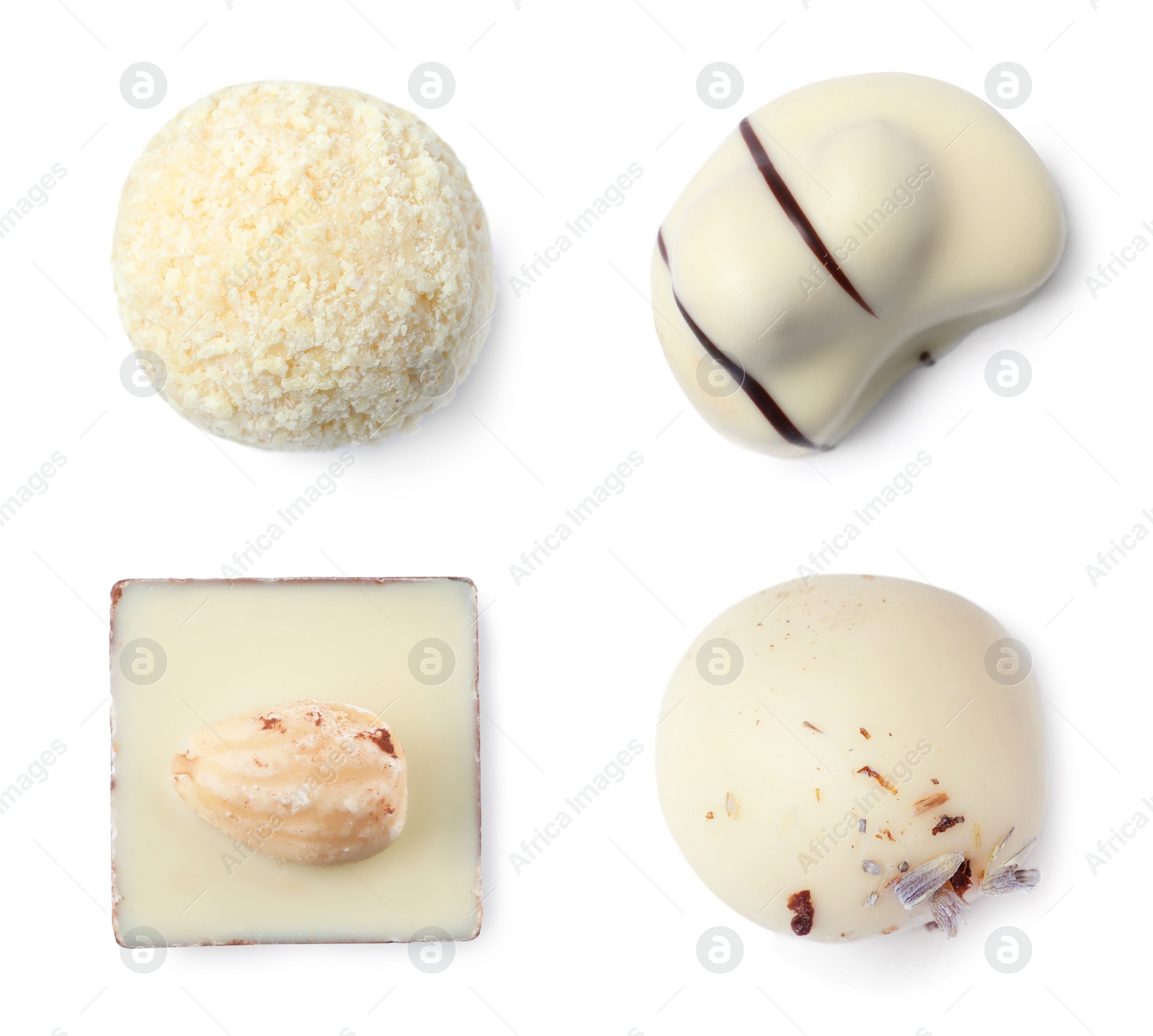 Image of Set with different chocolate candies on white background, top view