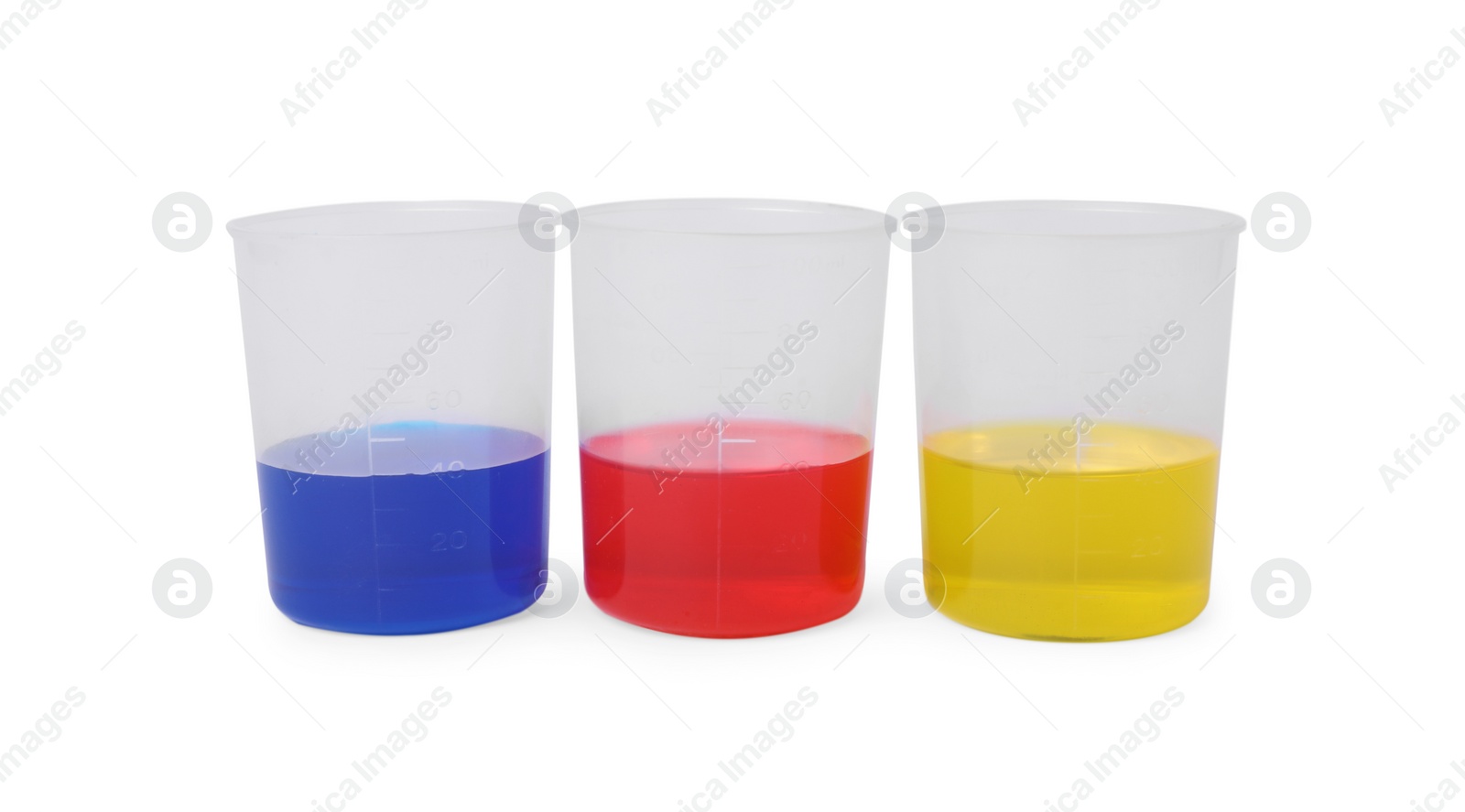 Photo of Beakers with colorful liquids isolated on white. Kids chemical experiment set