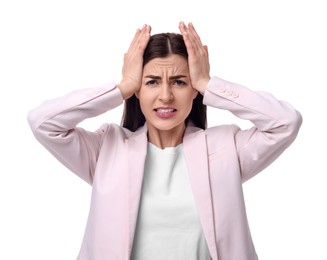 Beautiful emotional businesswoman in suit on white background