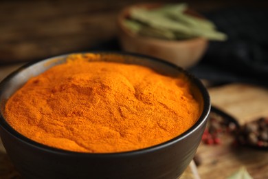 Aromatic saffron powder in bowl, closeup view