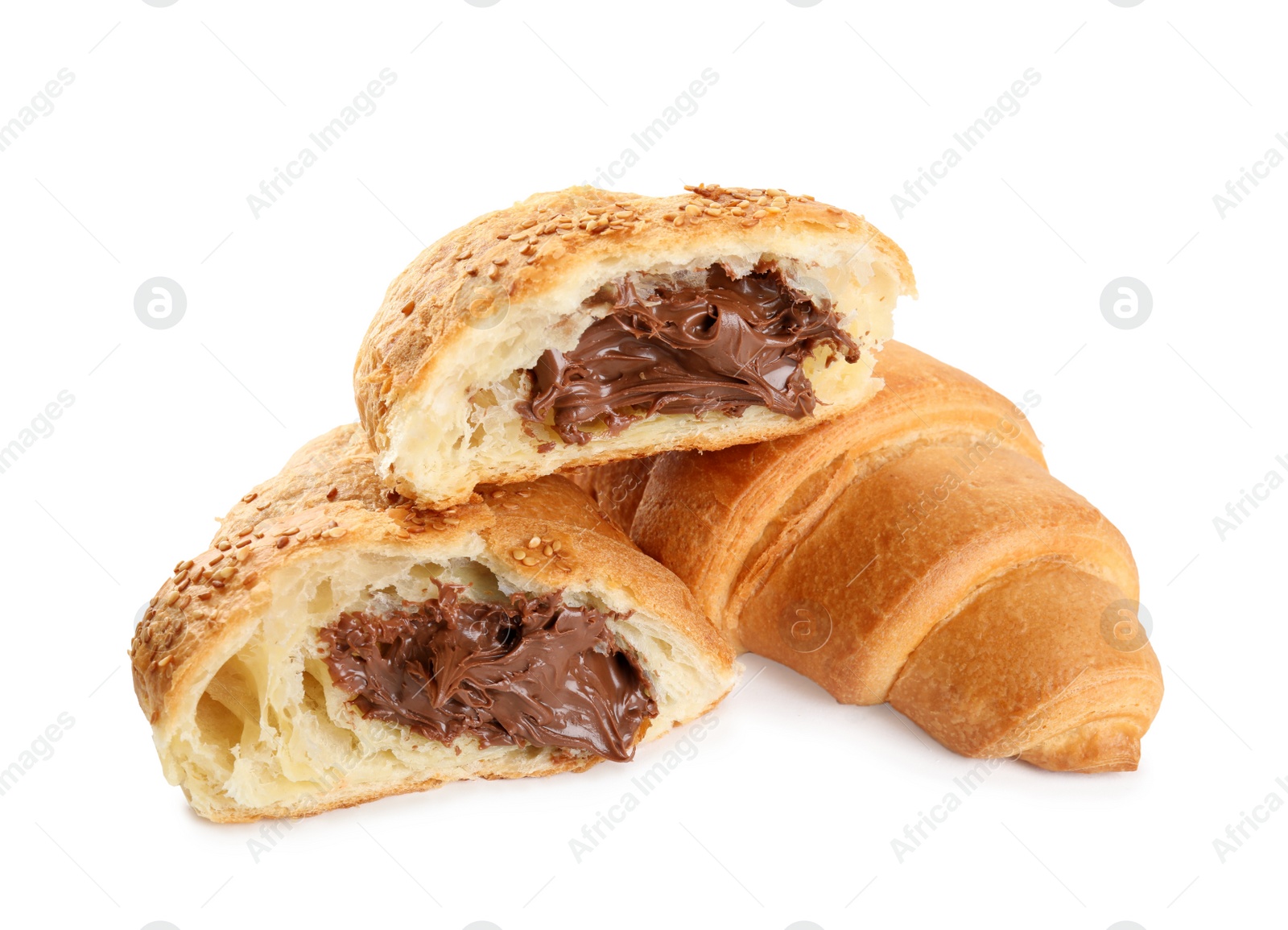 Photo of Tasty croissants with chocolate on white background