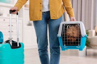 Photo of Travel with pet. Woman holding carrier with dog and suitcase at home, closeup