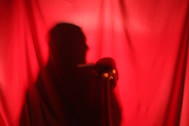 Silhouette of creepy ghost with skull behind red cloth, space for text