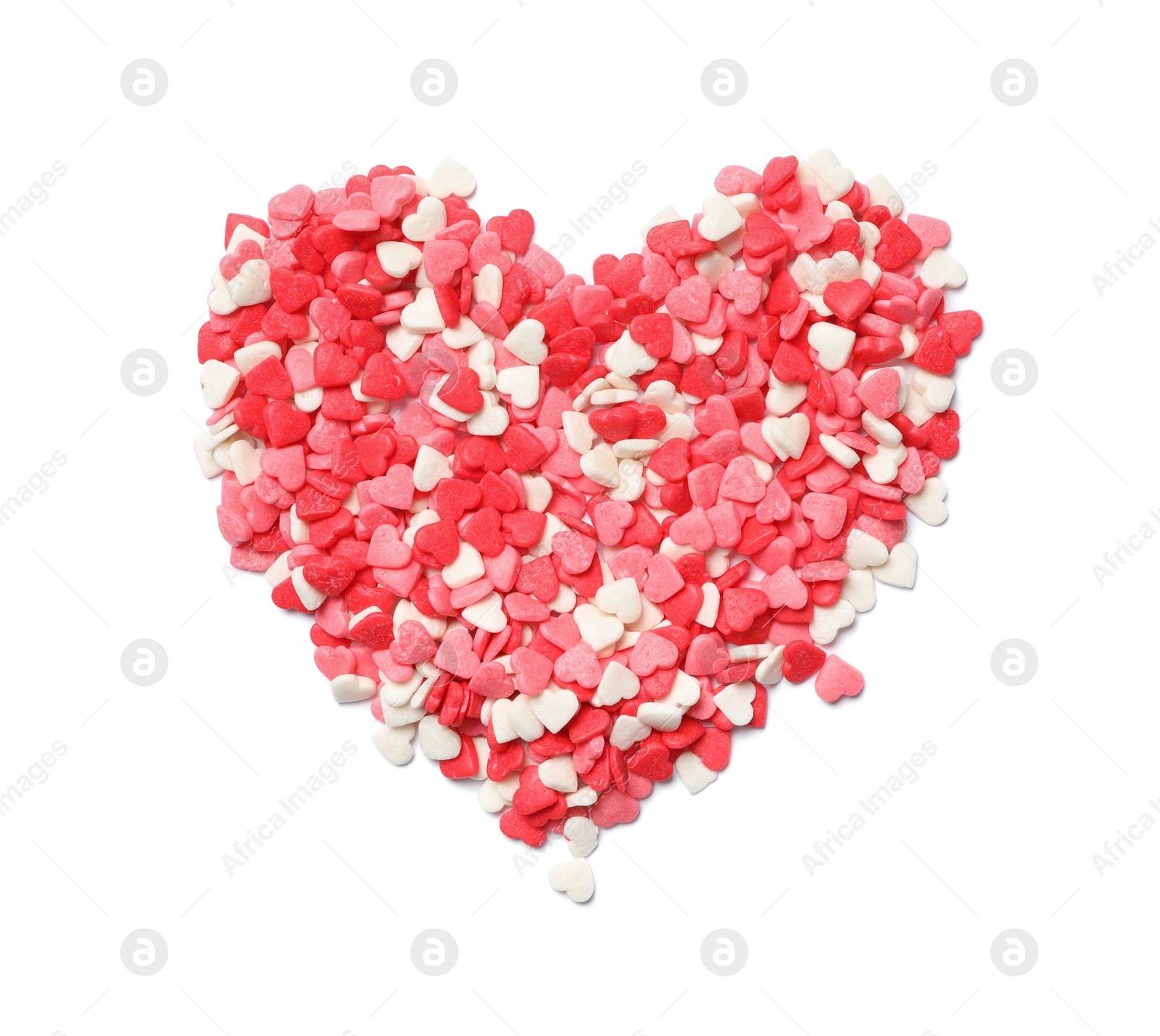 Photo of Heart made of sweet candies on white background, top view