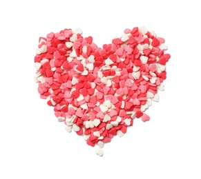 Heart made of sweet candies on white background, top view