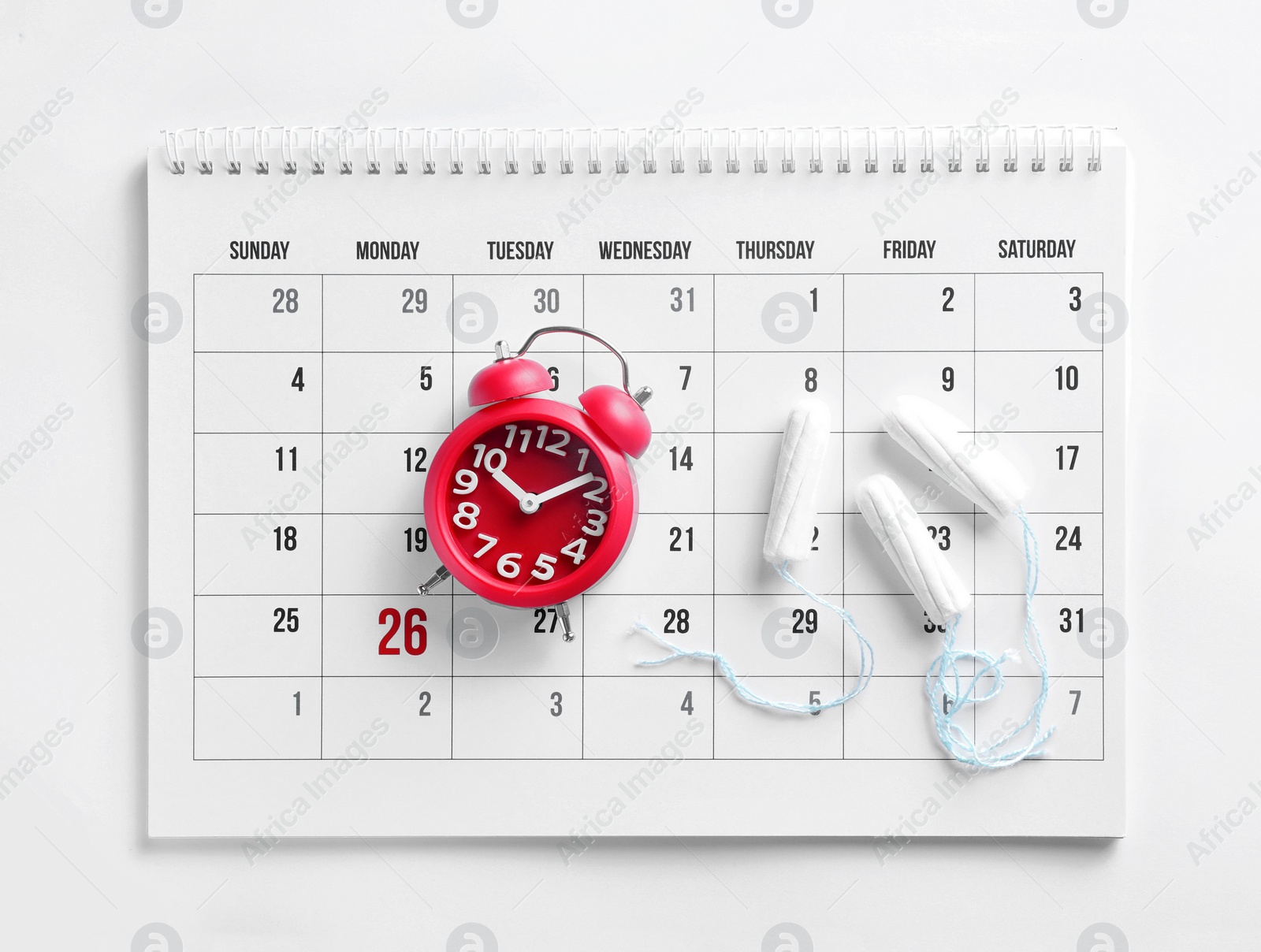 Photo of Calendar, tampons and clock on white background, top view. Gynecology concept