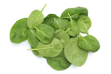 Pile of fresh spinach leaves isolated on white, top view