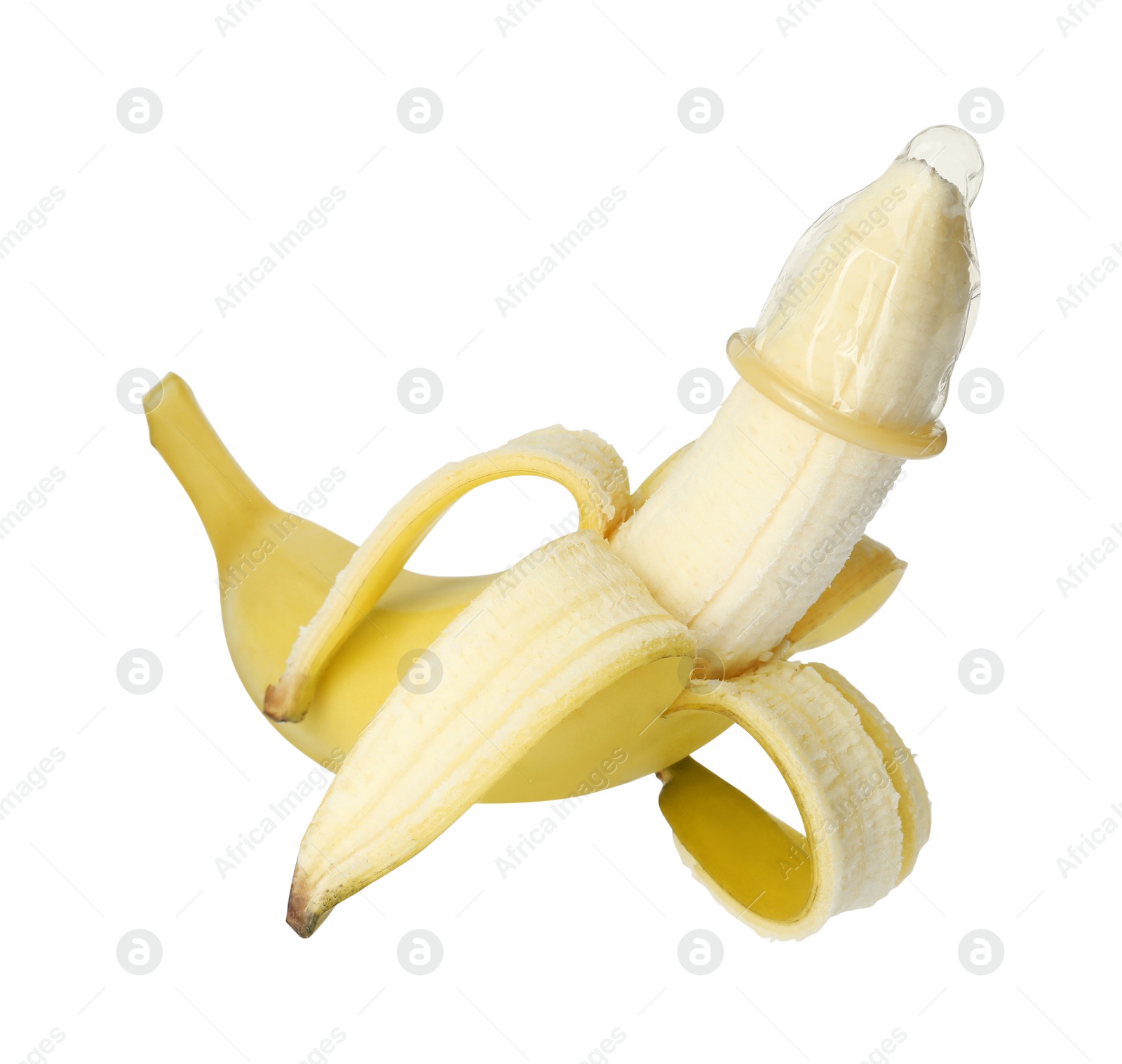 Photo of Banana with condom isolated on white. Safe sex concept