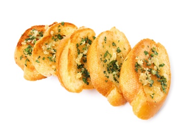 Photo of Slices of tasty garlic bread with herbs isolated on white