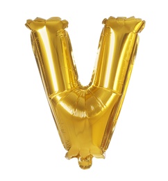 Photo of Golden letter V balloon on white background
