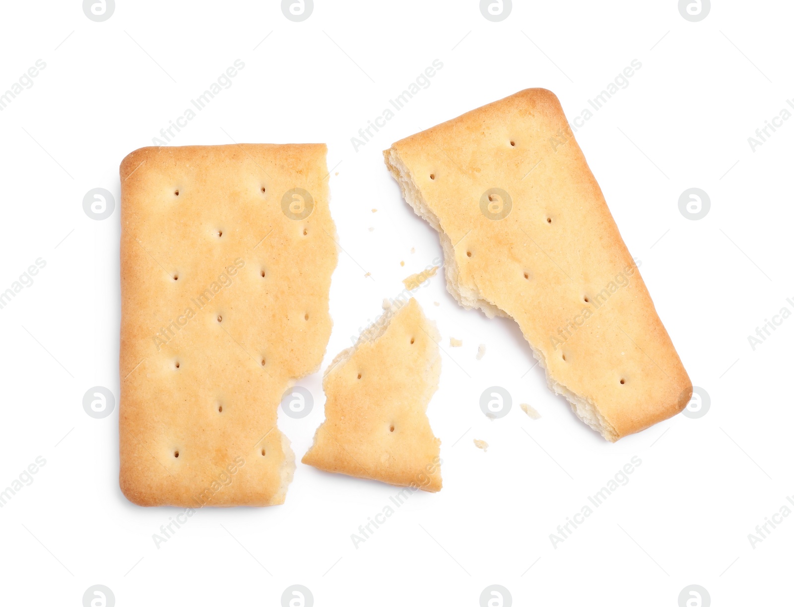 Photo of Crispy broken cracker isolated on white, top view