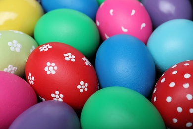 Photo of Colorful eggs as background, closeup. Happy Easter