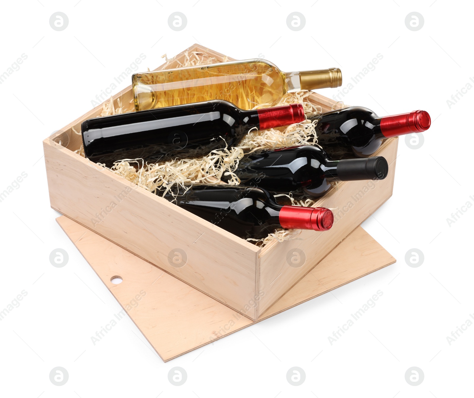 Photo of Wooden gift box with wine bottles isolated on white