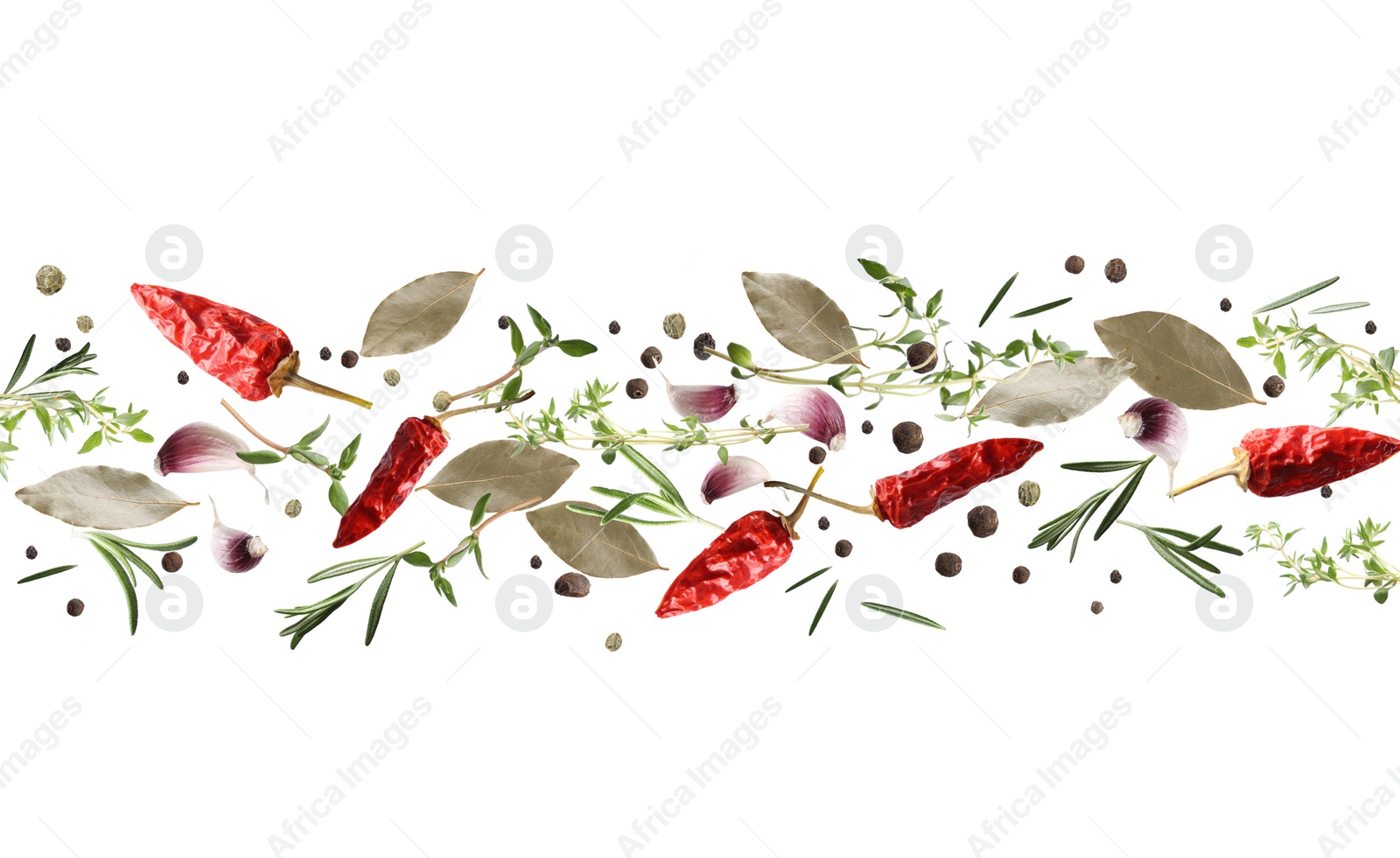 Image of Many different spices flying on white background