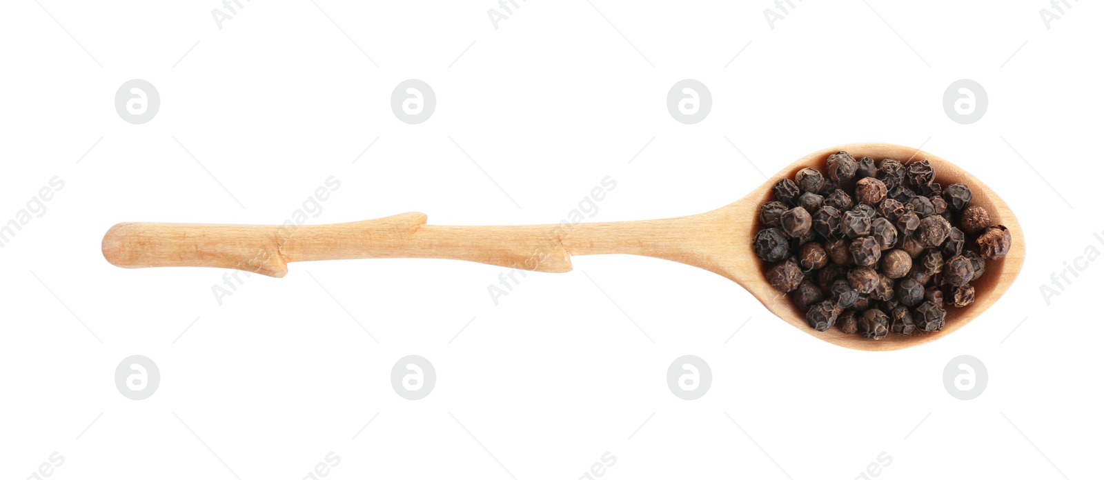 Photo of Spoon of black peppercorns isolated on white, top view