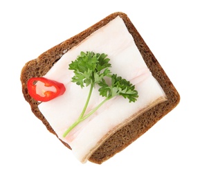 Pork fatback sandwich with parsley and slice of pepper isolated on white, top view