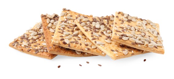 Cereal crackers with flax, sunflower and sesame seeds isolated on white