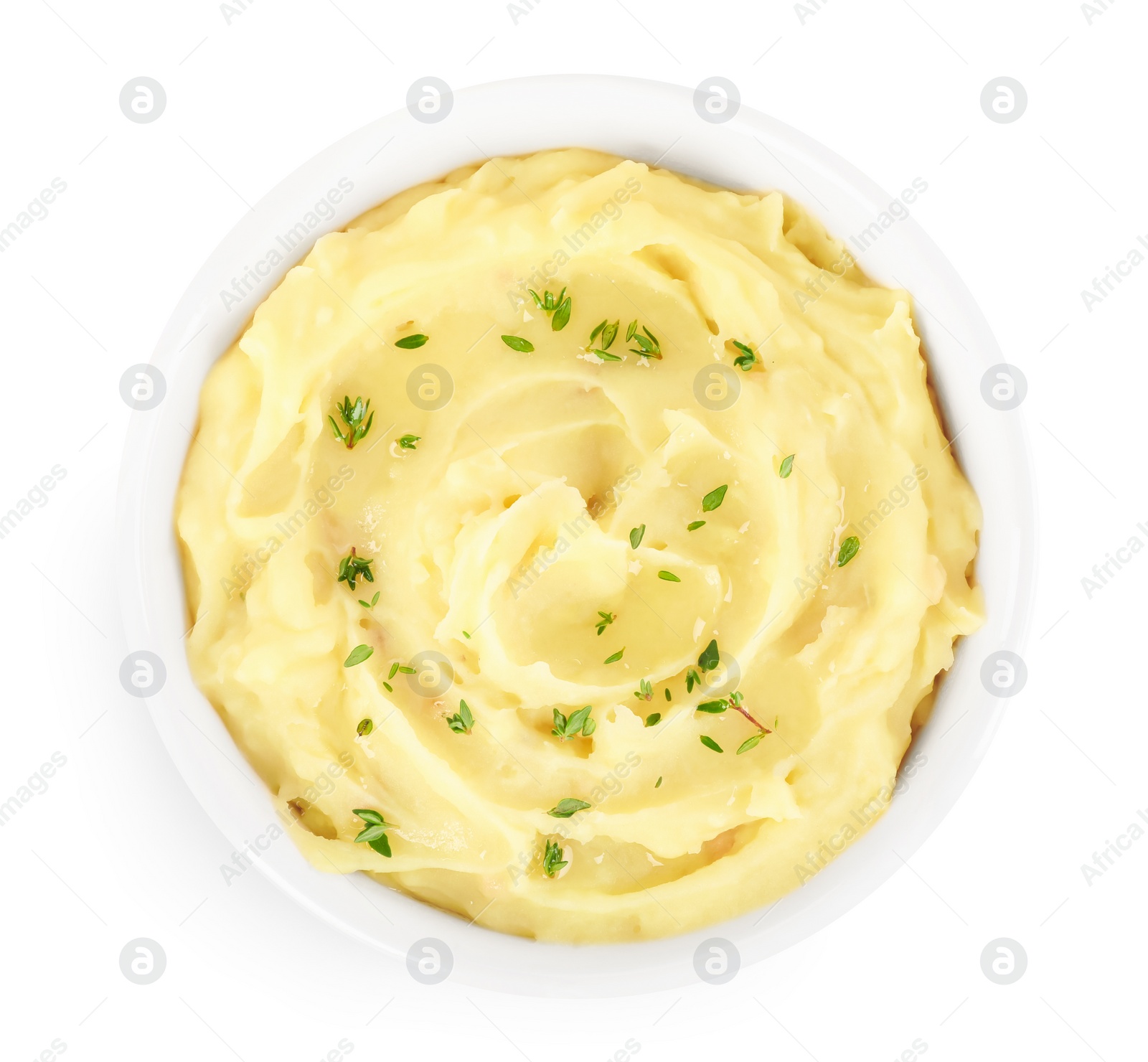 Photo of Bowl of tasty mashed potato with rosemary isolated on white, top view