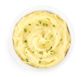 Bowl of tasty mashed potato with rosemary isolated on white, top view