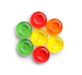 Photo of Delicious colorful candies on white background, top view