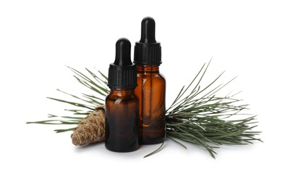 Photo of Glass bottles of essential oil and pine branch with cone on white background