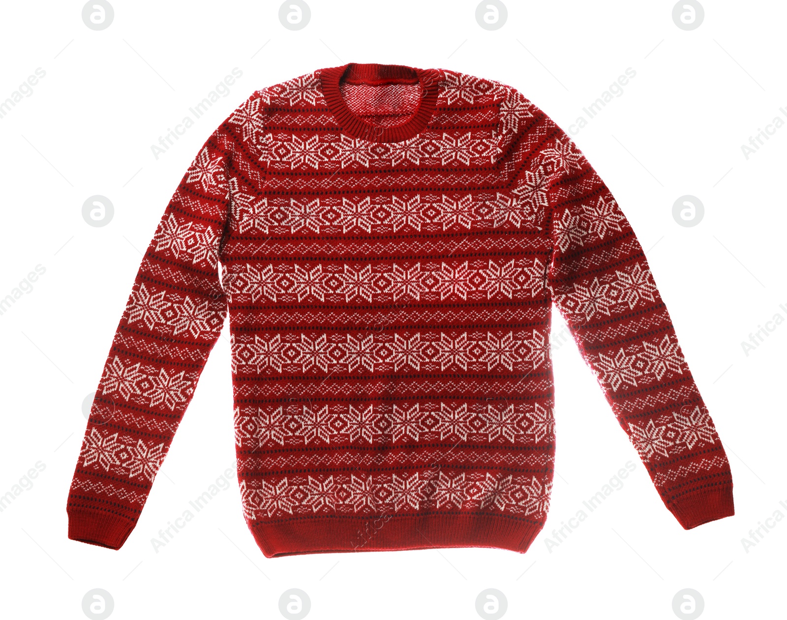 Photo of Warm Christmas sweater with snowflakes on white background, top view