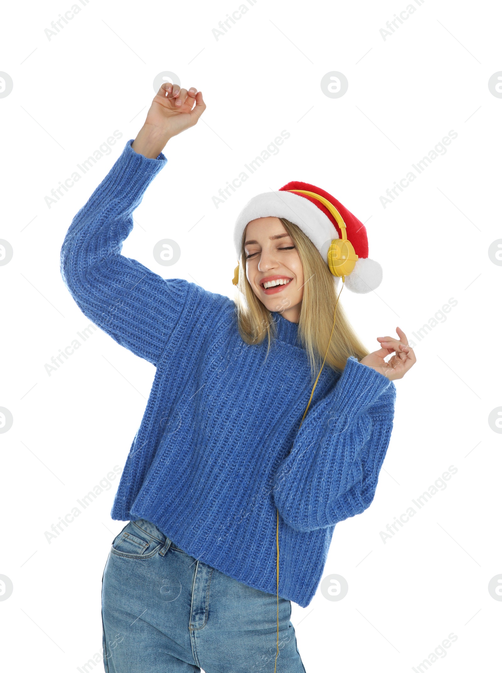 Photo of Happy woman with headphones on white background. Christmas music