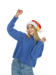 Happy woman with headphones on white background. Christmas music
