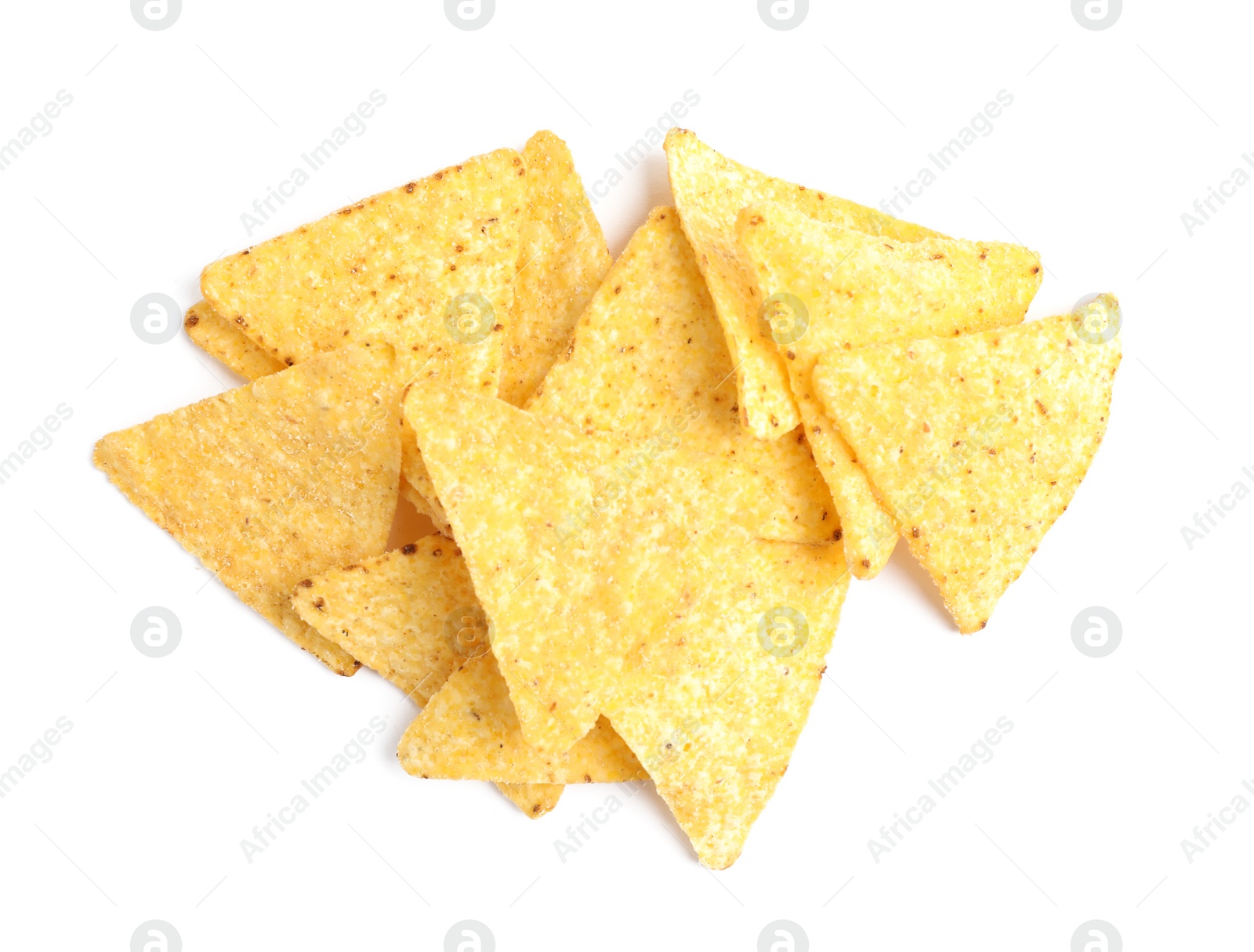 Photo of Tasty Mexican nachos chips on white background, top view