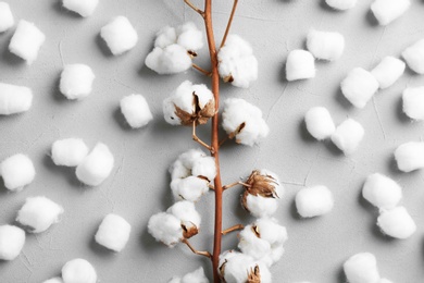 Flat lay composition with cotton balls and flowers on grey stone background