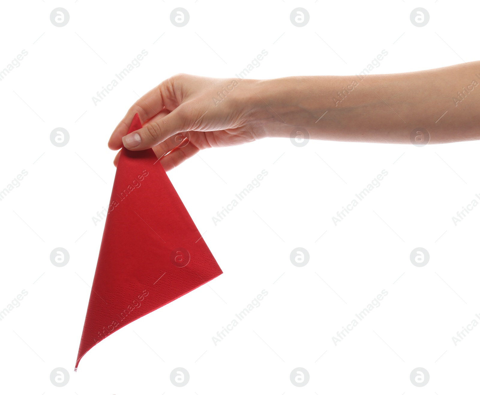 Photo of Woman holding paper napkin on white background, closeup