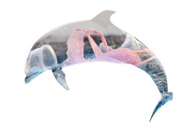 Plastic garbage and dolphin, double exposure. Environmental pollution