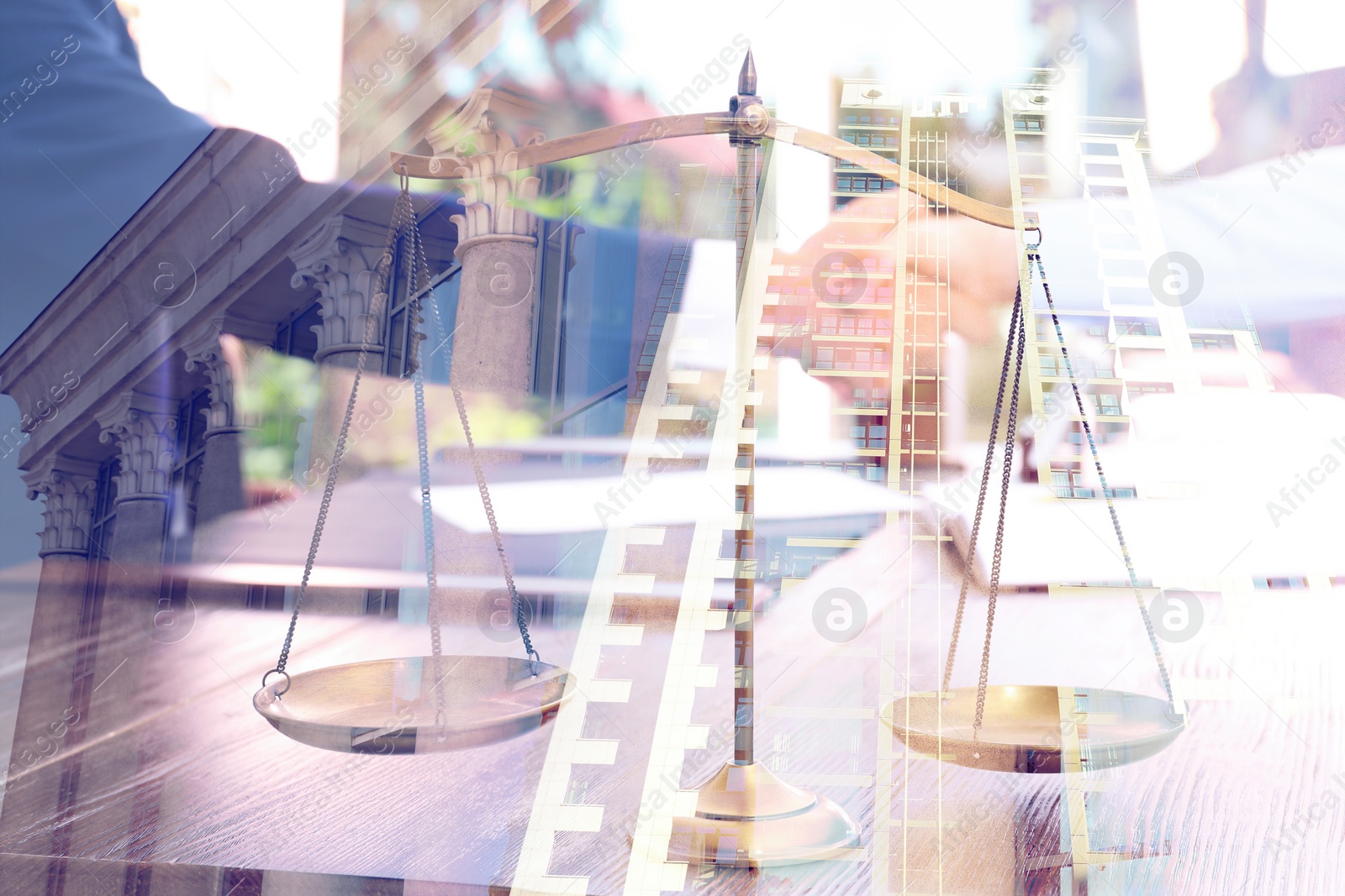 Image of Law protection. Multiple exposure of scales, buildings and lawyer handshaking with client