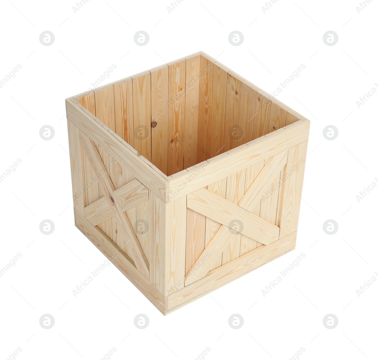 Photo of Open new wooden crate isolated on white