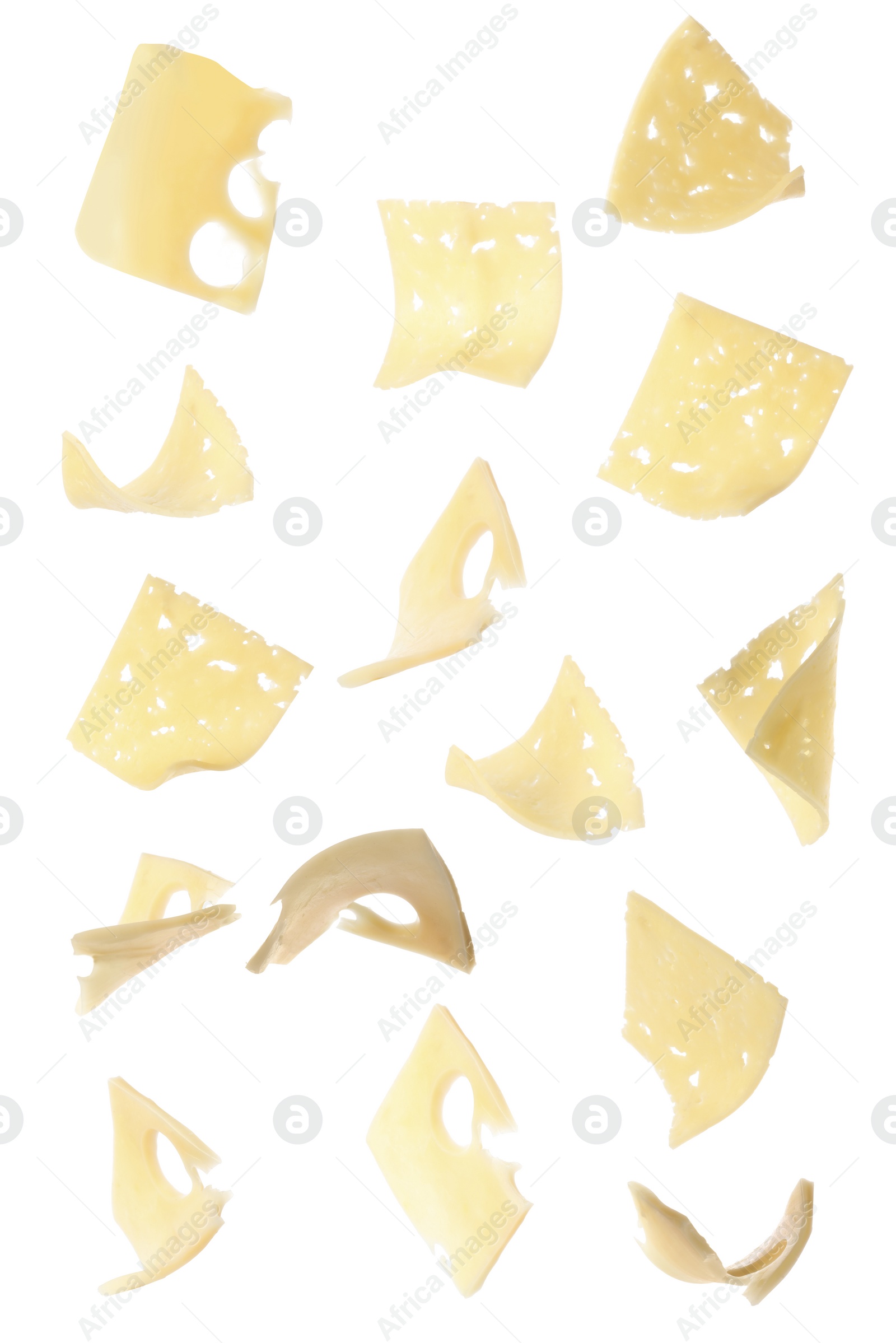 Image of Collage with slices of cheese falling on white background