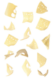 Image of Collage with slices of cheese falling on white background