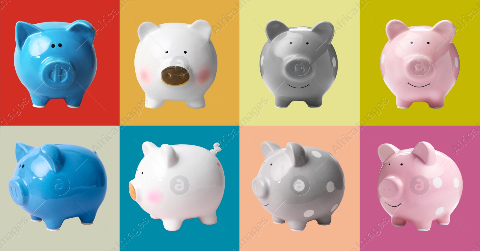 Image of Set with piggy banks on different color backgrounds