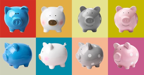 Image of Set with piggy banks on different color backgrounds