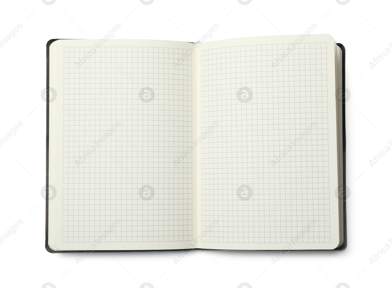 Photo of Stylish open notebook isolated on white, top view