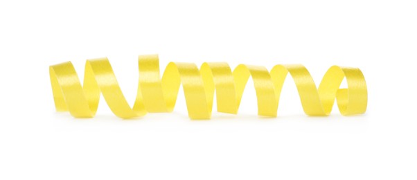Photo of Shiny yellow serpentine streamer on white background