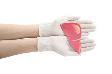 Photo of Doctor in gloves holding paper liver on white background, closeup and top view. Hepatitis treatment