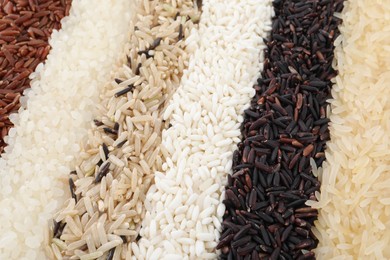 Photo of Different sorts of rice as background, closeup
