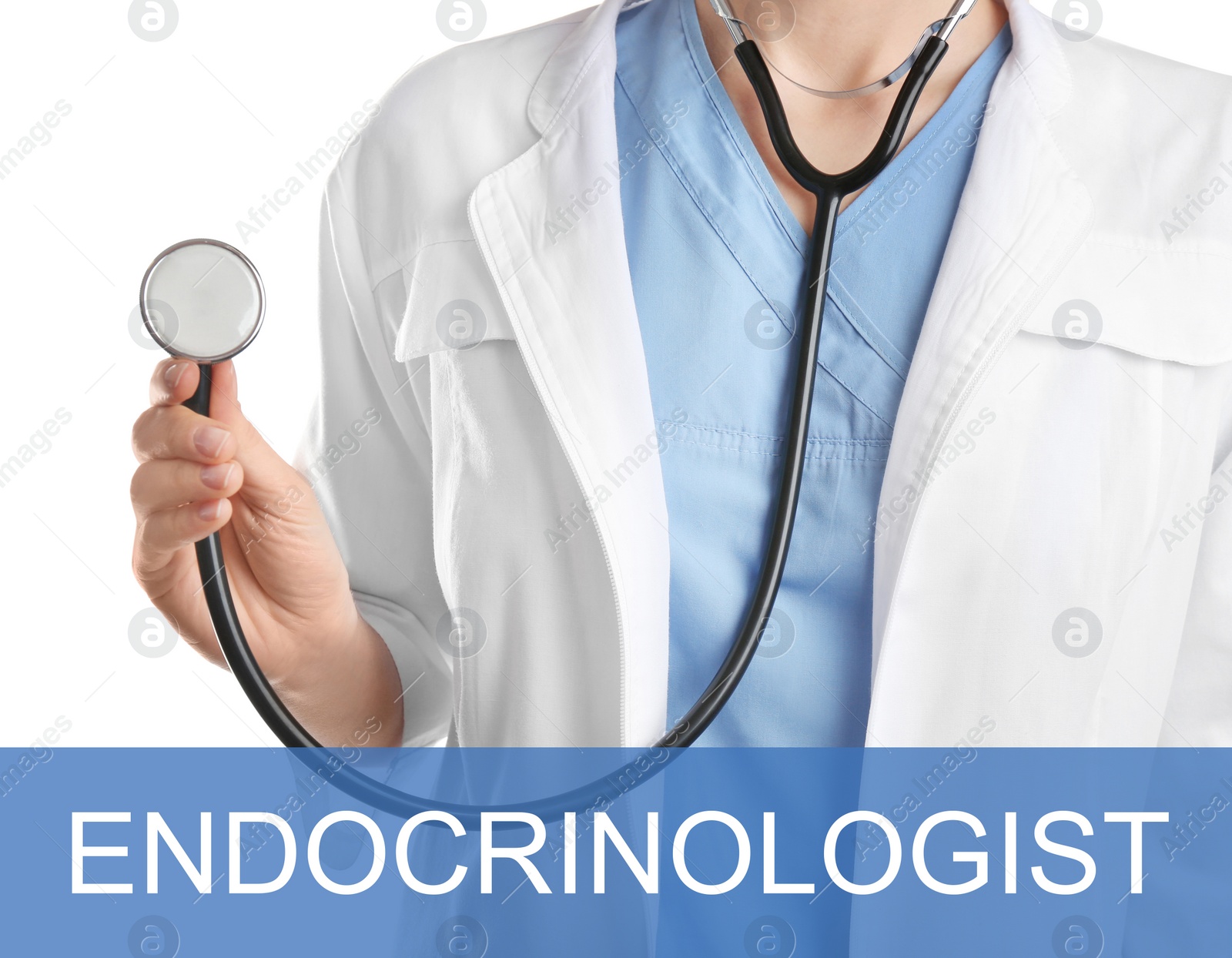 Image of Endocrinologist with stethoscope on white background, closeup