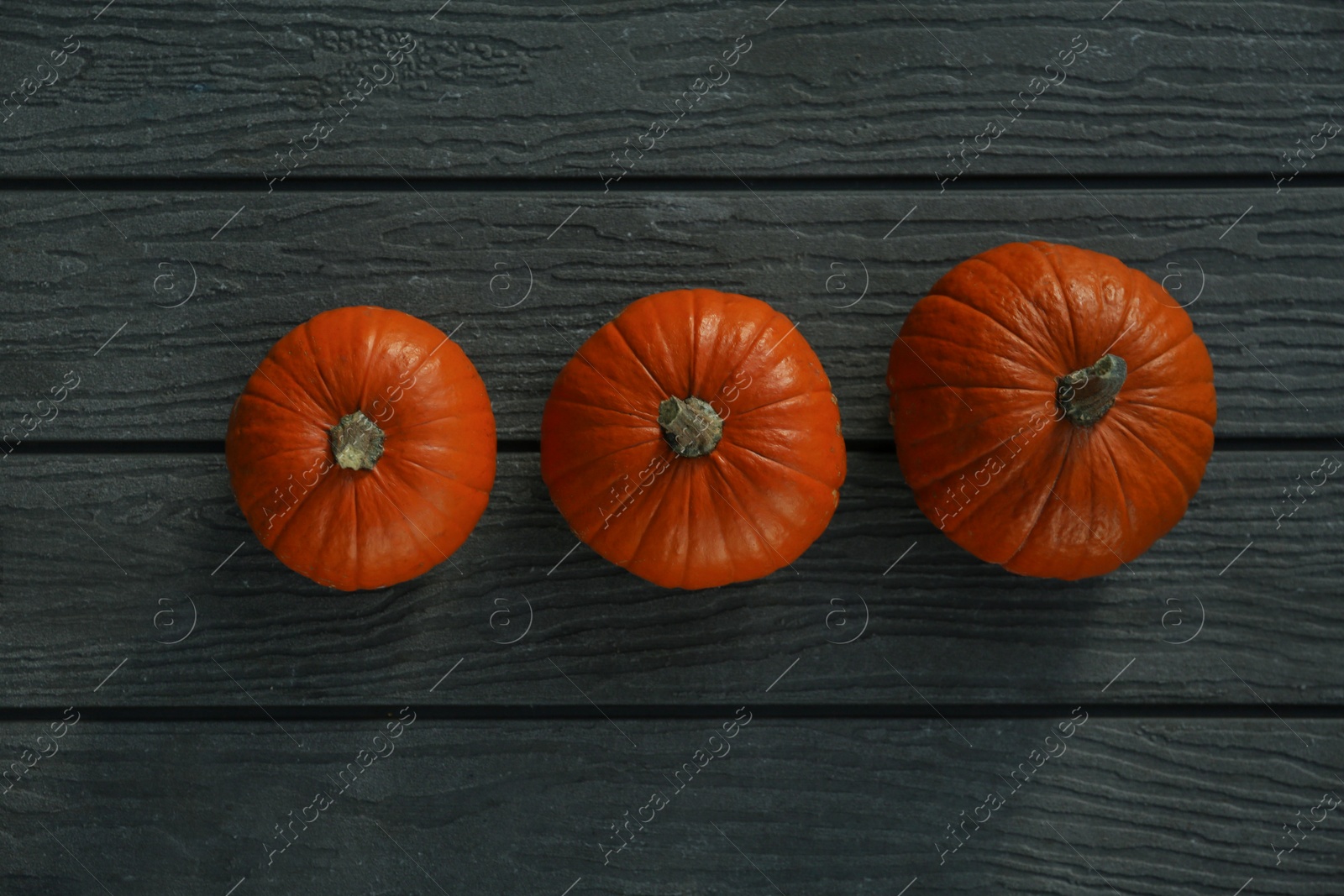 Photo of Many whole ripe pumpkins on wooden table, flat lay