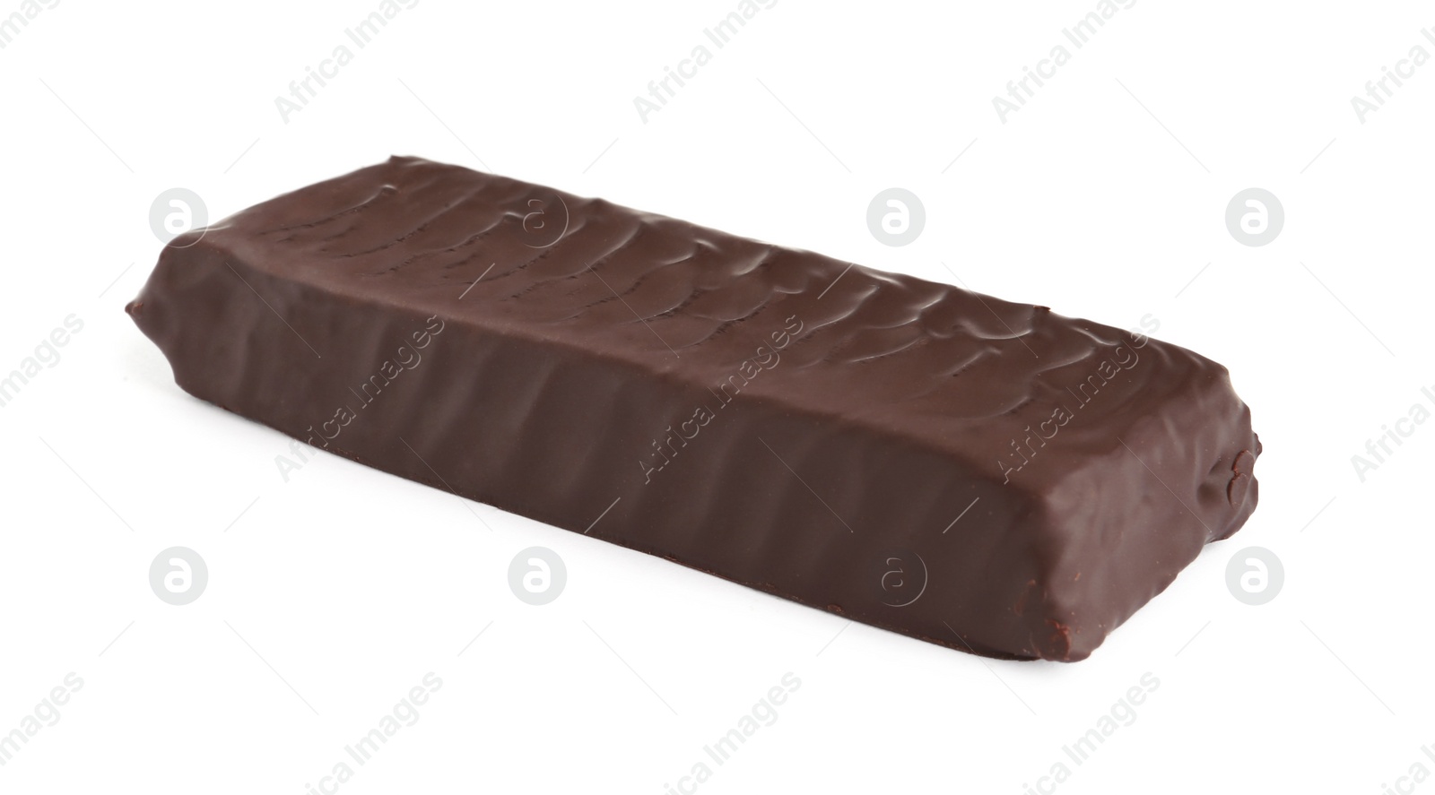 Photo of Tasty chocolate glazed protein bar isolated on white. Healthy snack